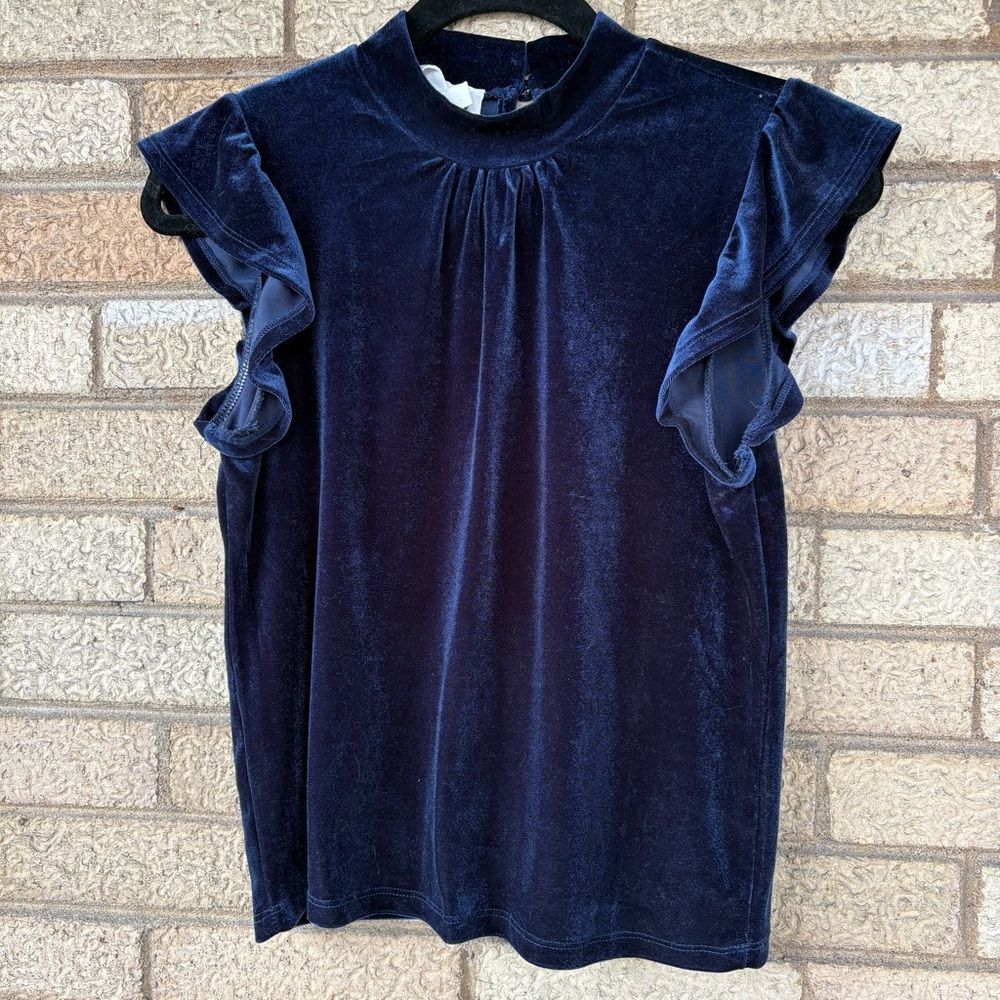 Olive & Oak Navy Velvet Ruffle Sleeve Mock Neck Blouse